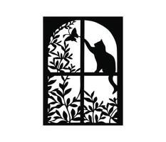 Curious Cat Reaching for a Butterfly near a Window with Lush Foliage in an Elegant Silhouette Art vector