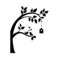 Lovebirds nestled beneath a heart filled tree a charming birdhouse swinging gently in monochrome vector