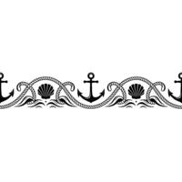 Nautical Border Anchors, Rope, Shells, Waves Black White vector