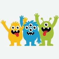 three cartoon monsters with their hands up vector