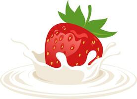 Elegant illustration of strawberry dipping into smooth milk bowl highlights glossy seeds and leaf crown using soft light shading balanced by large uncluttered area vector
