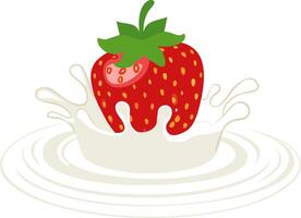Fresh bold concept depicts single strawberry partially submerged in creamy liquid swirl captured in modern flat style against pure white field allowing flexible layout for posters vector