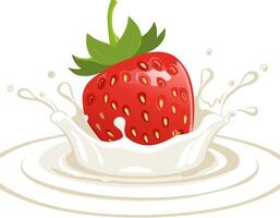 Bright flat illustration of a ripe strawberry diving into creamy milk with dynamic splash curves and generous white copy space ready for headline placement in food vector