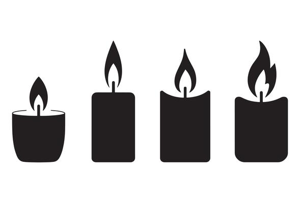 Four black silhouette candles with flames on a white background
