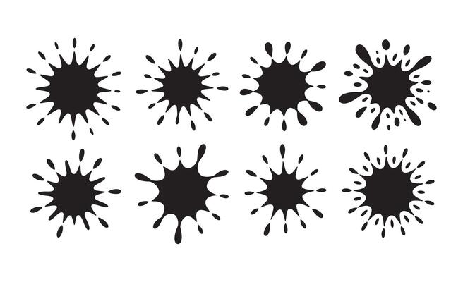 Collection of black ink splatter and splash shapes on white background