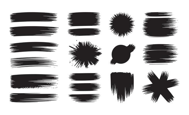 Collection of black brush strokes and splatter shapes on white background