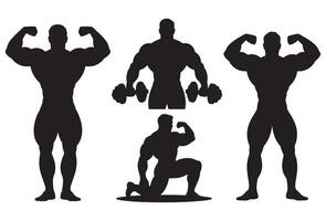 Diverse bodybuilder poses showcasing strength and muscle definition silhouettes vector