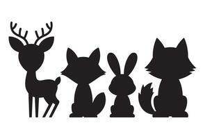 Cute black silhouettes of forest animals including a deer two foxes and a rabbit vector