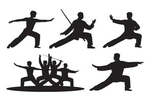 Silhouettes of martial artists practicing various combat stances and movements vector