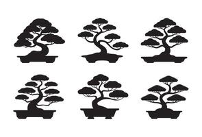 Collection of six stylized black silhouette bonsai trees in pots vector