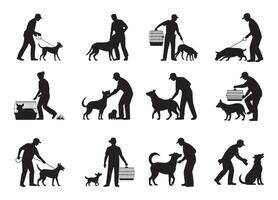 Silhouettes of people interacting with dogs in various scenarios vector