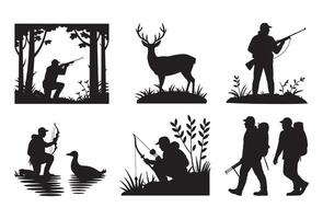Diverse hunting silhouettes featuring deer duck and rifle and bow hunters vector