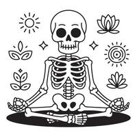 Skeleton meditating in lotus pose surrounded by spiritual symbols and celestial elements vector