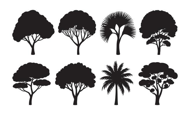 Collection of diverse black tree silhouettes on a white background