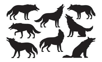 Collection of black wolf silhouettes in various poses and actions vector