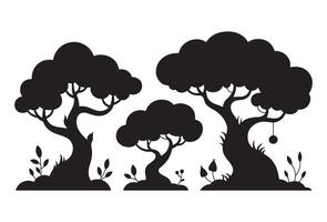 Whimsical silhouette trees with lush foliage and ground details vector