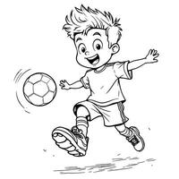 Young Boy Kicking a Soccer Ball on the Field with Joyful Expression Line Art Coloring Page vector