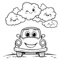 Cute happy car with smiling cartoon clouds above for a fun line art coloring page vector