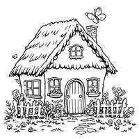 Charming Storybook Cottage Scene with Butterfly and Flowers for Coloring Fun vector