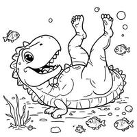 Cute Dinosaur Rolling Around with Fish and Bubbles Underwater Line Art Coloring Page vector