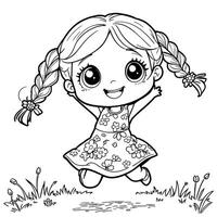 Adorable Little Girl with Braids Jumping in a Field of Flowers Line Art Coloring Page vector