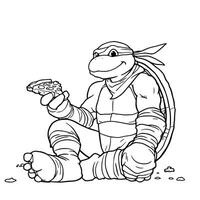 Cute Teenage Mutant Ninja Turtle Sitting Down Enjoying a Delicious Slice of Pizza Coloring Page Fun Activity vector