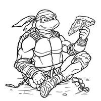 Awesome Ninja Turtle Eating Pizza Line Art Coloring Page for Kids and Adults Enjoyable Fun Activity vector