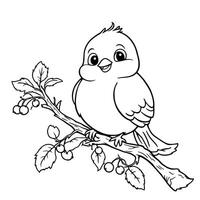 Cute Little Bird Sitting on a Branch with Berries Adorable Cartoon Coloring Page Line Art vector