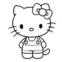 Cute Black and White Line Art Drawing of a Friendly Cartoon Cat Character Wearing Overalls and a Bow vector