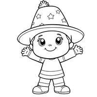 Whimsical Child Wearing a Starry Wizard Hat Coloring Page Line Art Illustration for Kids vector