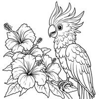 A Cute Cockatoo Bird Perched on a Branch with Beautiful Hibiscus Flowers Line Art Coloring Page vector