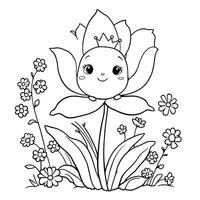 Cute Flower Fairy Character with Crown Sitting in a Blossom Surrounded by Garden Flowers for Coloring vector