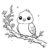 Adorable Kawaii Baby Bird Perched on a Delicate Flowering Branch for Coloring Fun vector