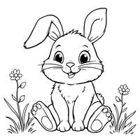 Adorable Easter Bunny Sitting in a Field of Flowers Line Art Coloring Page for Kids vector