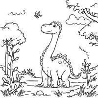Cute Cartoon Dinosaur with Big Eyes and Spiky Back Standing in a Lush Forest Scene vector