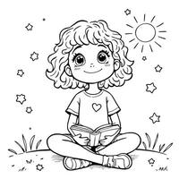 A young girl with curly hair sits cross-legged in a grassy field reading a book under a bright shining sun with stars scattered around her vector