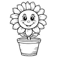 Happy Cartoon Sunflower in a Pot Line Art Coloring Page For Kids vector