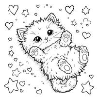 Cute Fluffy Kitten with Hearts and Stars for Coloring Fun Line Art vector