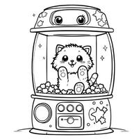 Cute Fluffy Kitten in a Claw Machine Prize Line Art Coloring Page vector