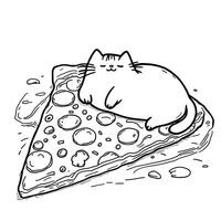 Cute Fat Cat Resting Comfortably on a Delicious Slice of Pizza Fun Line Art Coloring Page for Kids and Adults vector