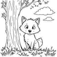 Cute fluffy little wolf hiding behind a tree trunk with grassy ground and cloudy sky line art coloring page vector