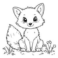 Cute little fluffy fox sitting in a field of flowers line art coloring page for kids vector