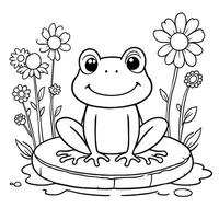 Cute Frog Sitting on a Lily Pad Surrounded by Flowers Fun Line Art Coloring Page for Kids vector