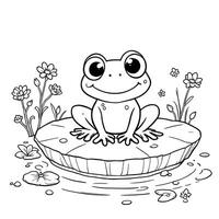 Cute happy cartoon frog sitting on lily pad surrounded by flowers and water lily in pond line art coloring page vector