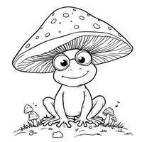 Charming Frog Wearing Glasses Under a Mushroom Hat on a Sunny Day with Tiny Mushrooms Around For Coloring vector