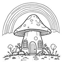 Whimsical Mushroom House with Rainbow and Clouds for Coloring Fun vector