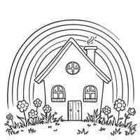Charming Cottage with Rainbow and Flowers Simple Line Art for Coloring Fun vector