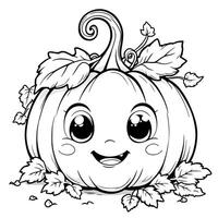 Cute Happy Cartoon Pumpkin with Big Eyes and Leaves for Halloween Coloring Page Design vector