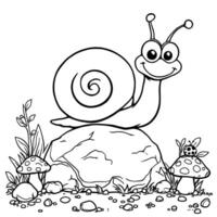 Cute Cartoon Snail Sitting on a Rock with Mushrooms and Ladybug Coloring Page vector