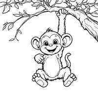 Adorable Baby Monkey Swinging From a Tree Branch With Leaves Outline Drawing for Coloring Fun vector